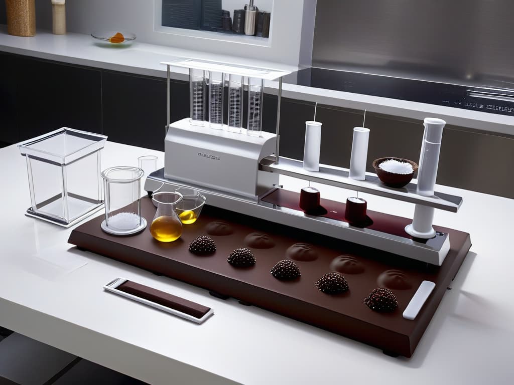  An ultradetailed closeup image of a sleek, modern molecular gastronomy kit for chocolate experimentation. The kit includes precise measuring tools, test tubes, pipettes, a digital scale, and intricate chocolate molds, all arranged neatly on a pristine white countertop. The lighting is soft, highlighting the reflective surfaces of the tools and casting subtle shadows for a sophisticated and professional aesthetic. hyperrealistic, full body, detailed clothing, highly detailed, cinematic lighting, stunningly beautiful, intricate, sharp focus, f/1. 8, 85mm, (centered image composition), (professionally color graded), ((bright soft diffused light)), volumetric fog, trending on instagram, trending on tumblr, HDR 4K, 8K