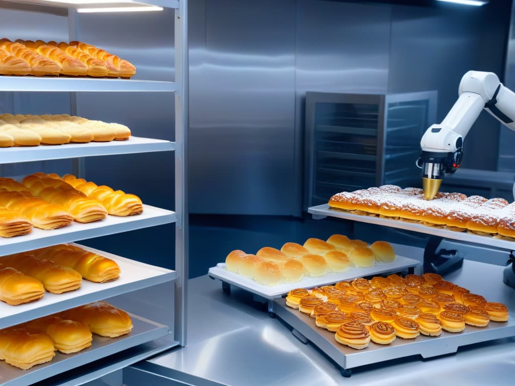  An ultradetailed 8k resolution image of a sleek and futuristic robotic arm carefully arranging trays of freshly baked pastries in a modern bakery setting. The robot's metallic surface gleams under the soft ambient lighting, showcasing intricate details like intricate joints and precise grippers delicately handling each pastry with expert precision. The background features shelves stocked with neatly organized baking ingredients, adding to the hightech and efficient atmosphere of the scene. hyperrealistic, full body, detailed clothing, highly detailed, cinematic lighting, stunningly beautiful, intricate, sharp focus, f/1. 8, 85mm, (centered image composition), (professionally color graded), ((bright soft diffused light)), volumetric fog, trending on instagram, trending on tumblr, HDR 4K, 8K