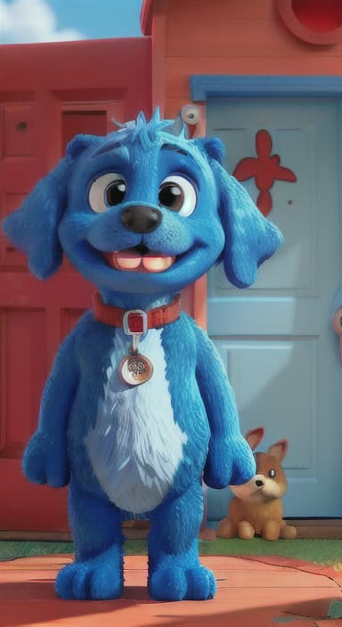  {Max the big blue dog standing in front of a cozy little house with a red door, The big blue dog is large with sky blue fur, big round eyes, a black nose, and floppy ears.