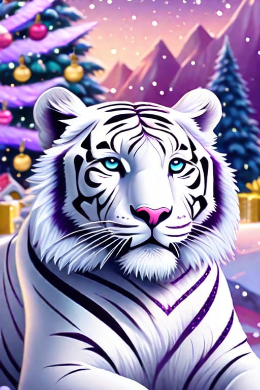  in the background there is a white tiger resembling mountains, its stripes are roads with cars, in the foreground there is a christmas tree, children decorate it with yellow and pink peonies, it is snowing, everything sparkles, pastel colors, deep cold purple shadows, warm highlights, oil painting, a lot of glitter and sequins, and sweat, bokeh effect, the picture glows from the inside., cute, hyper detail, full HD hyperrealistic, full body, detailed clothing, highly detailed, cinematic lighting, stunningly beautiful, intricate, sharp focus, f/1. 8, 85mm, (centered image composition), (professionally color graded), ((bright soft diffused light)), volumetric fog, trending on instagram, trending on tumblr, HDR 4K, 8K