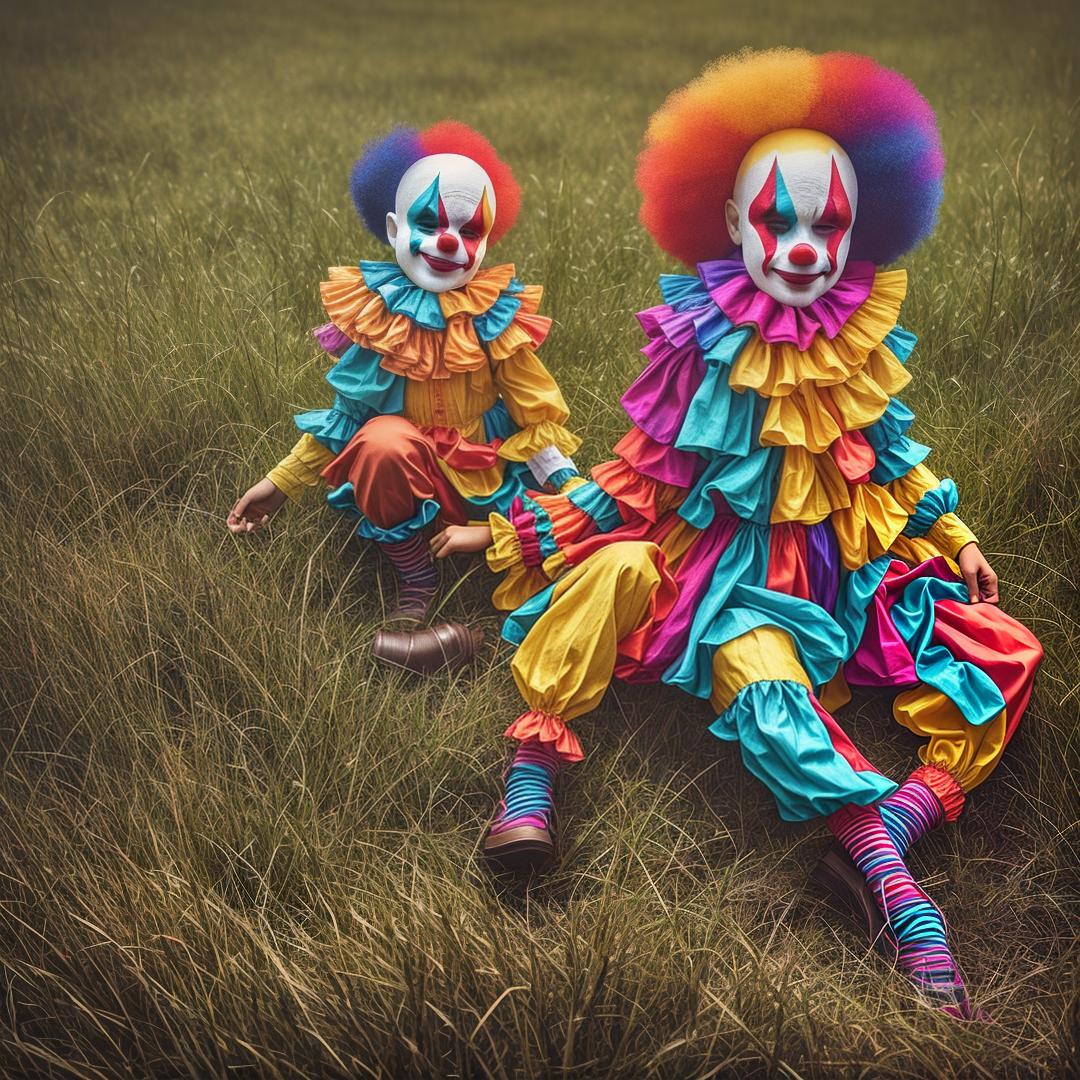  Surrealism, creepy, colorful, cute clown in the grass hyperrealistic, full body, detailed clothing, highly detailed, cinematic lighting, stunningly beautiful, intricate, sharp focus, f/1. 8, 85mm, (centered image composition), (professionally color graded), ((bright soft diffused light)), volumetric fog, trending on instagram, trending on tumblr, HDR 4K, 8K