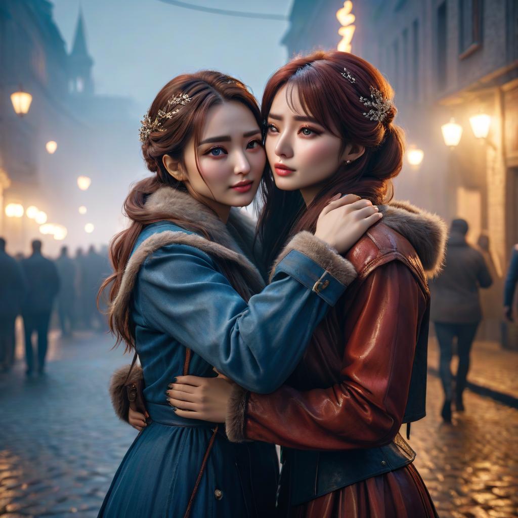  Two girls hugging, tears, crossed out, No embrace! hyperrealistic, full body, detailed clothing, highly detailed, cinematic lighting, stunningly beautiful, intricate, sharp focus, f/1. 8, 85mm, (centered image composition), (professionally color graded), ((bright soft diffused light)), volumetric fog, trending on instagram, trending on tumblr, HDR 4K, 8K