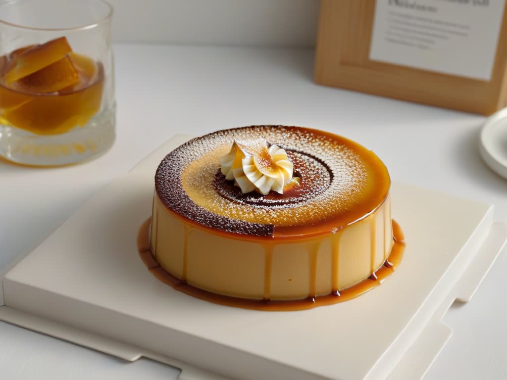  An ultradetailed closeup image of a perfectly caramelized flan, showcasing a glossy, amberhued surface with intricate caramel patterns. The velvety texture of the flan is evident, with a creamy consistency that appears smooth and rich. The lighting captures the dessert's details flawlessly, highlighting the contrast between the caramel top and the creamy interior. The minimalistic composition focuses on the flan's elegance and allure, making it a visually captivating representation of the article's theme. hyperrealistic, full body, detailed clothing, highly detailed, cinematic lighting, stunningly beautiful, intricate, sharp focus, f/1. 8, 85mm, (centered image composition), (professionally color graded), ((bright soft diffused light)), volumetric fog, trending on instagram, trending on tumblr, HDR 4K, 8K