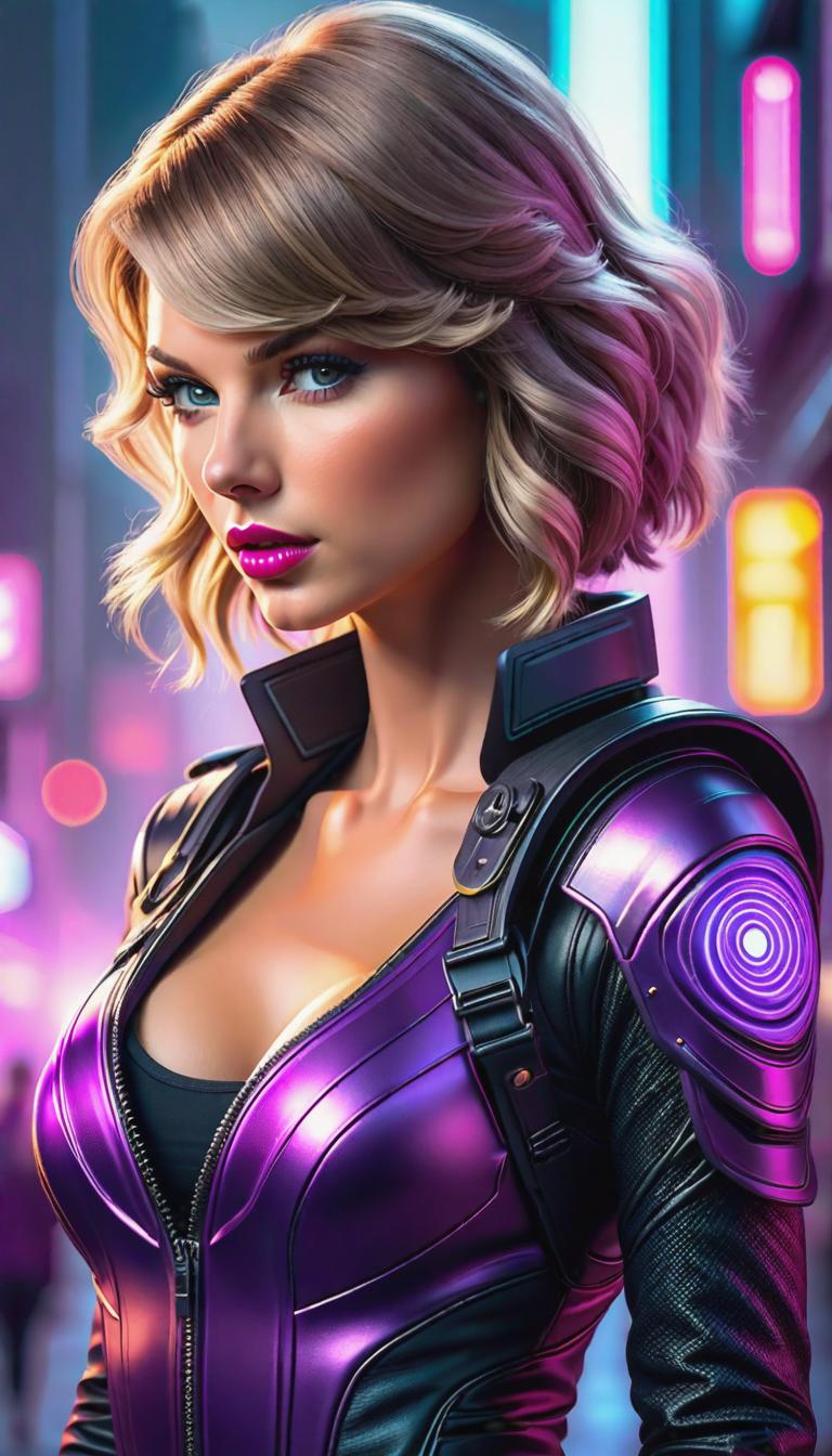  Cyberpunk style depiction of Taylor Swift wearing purple spandex . The scene is set in a world where technology has advanced, but society and human conditions have not, creating a gritty, dystopian atmosphere. hyperrealistic, full body, detailed clothing, highly detailed, cinematic lighting, stunningly beautiful, intricate, sharp focus, f/1. 8, 85mm, (centered image composition), (professionally color graded), ((bright soft diffused light)), volumetric fog, trending on instagram, trending on tumblr, HDR 4K, 8K