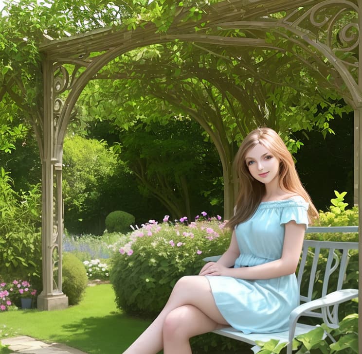  Beautiful girl sits in the big garden