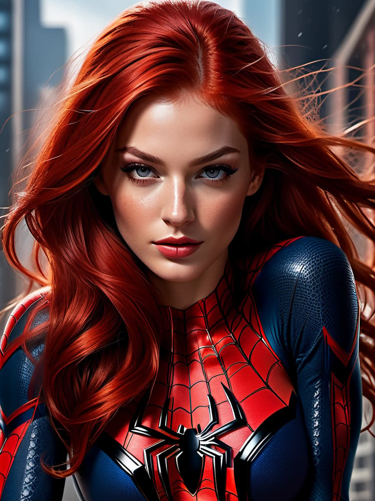  hyperrealistic art Masterpiece, UHD, ultra detailed, beautiful woman with detailed body using Spider-Man roleplay, long red hair, delicate facial features, perfect face, back to the viewer, looking back . extremely high-resolution details, photographic, realism pushed to extreme, fine texture, incredibly lifelike