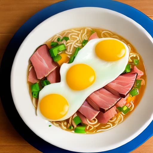  A bowl of instant noodles with eggs and ham,