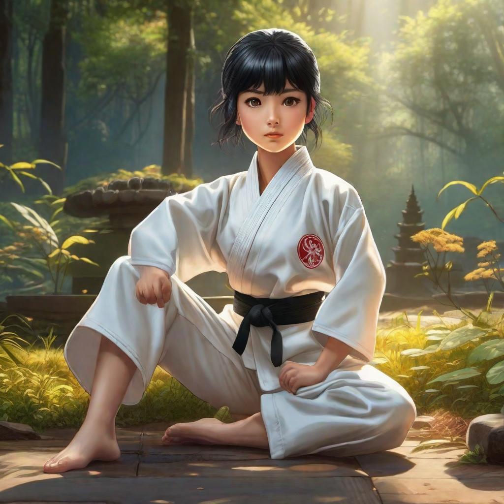  A black haired child wearing a white karate uniform was lying on the ground., anime concept art by Hayao Miyazaki, featured on pixiv, fantasy art, concept art, official art, high detailed hyperrealistic, full body, detailed clothing, highly detailed, cinematic lighting, stunningly beautiful, intricate, sharp focus, f/1. 8, 85mm, (centered image composition), (professionally color graded), ((bright soft diffused light)), volumetric fog, trending on instagram, trending on tumblr, HDR 4K, 8K