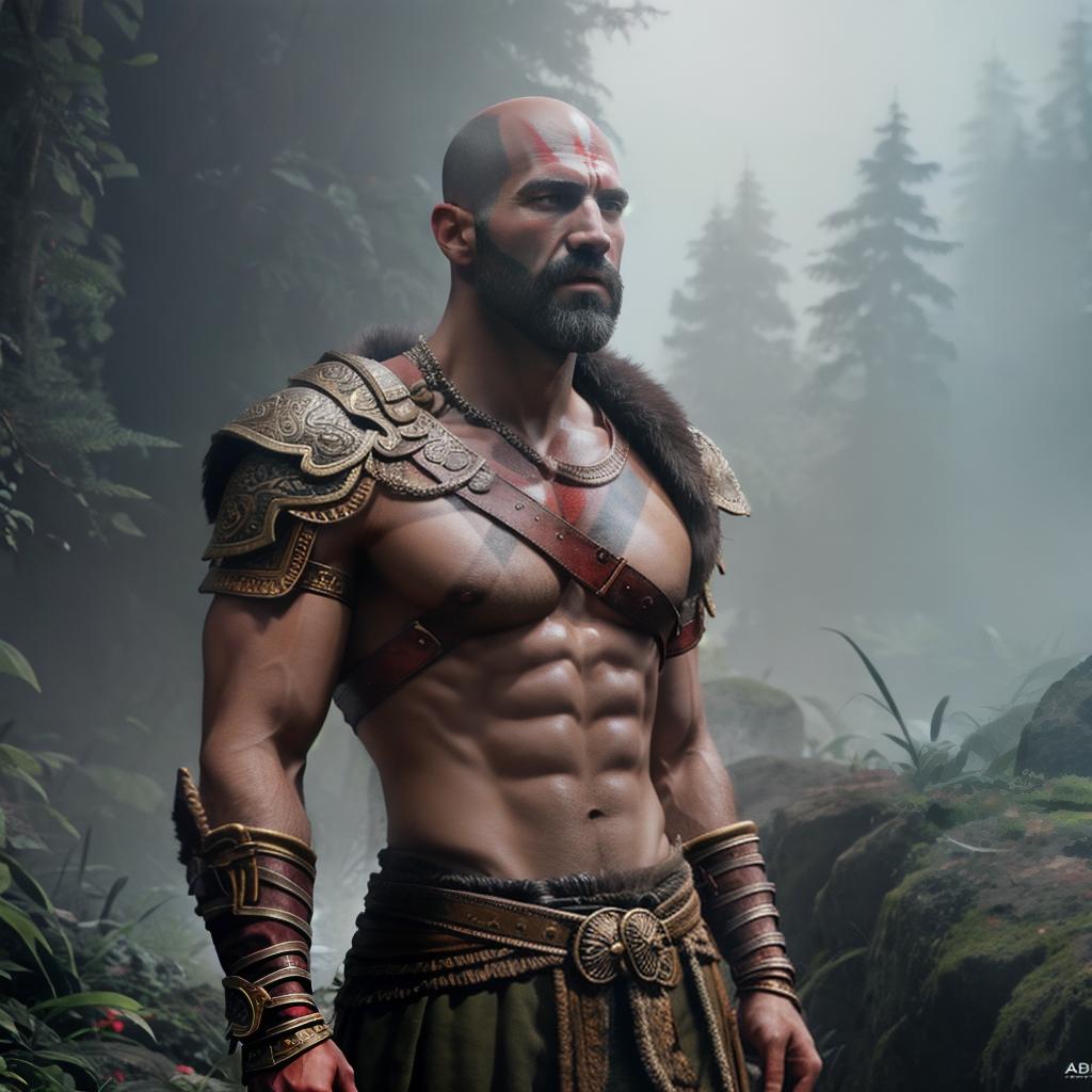  God of war hyperrealistic, full body, detailed clothing, highly detailed, cinematic lighting, stunningly beautiful, intricate, sharp focus, f/1. 8, 85mm, (centered image composition), (professionally color graded), ((bright soft diffused light)), volumetric fog, trending on instagram, trending on tumblr, HDR 4K, 8K