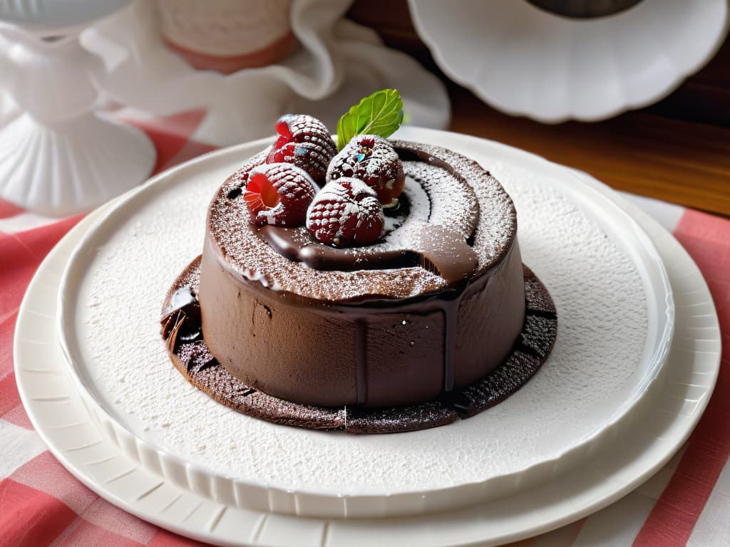  An ultradetailed photorealistic image of a decadent chocolate lava cake with a glossy molten center oozing out onto a pristine white plate, garnished with fresh raspberries, a dusting of powdered sugar, and a delicate mint leaf on the side. The cake is perfectly moist, and the chocolate is so rich and velvety that it looks almost liquid. The plate sits on a sleek marble countertop, with soft natural lighting highlighting the textures and colors of the dessert, creating a mouthwatering and visually stunning presentation. hyperrealistic, full body, detailed clothing, highly detailed, cinematic lighting, stunningly beautiful, intricate, sharp focus, f/1. 8, 85mm, (centered image composition), (professionally color graded), ((bright soft diffused light)), volumetric fog, trending on instagram, trending on tumblr, HDR 4K, 8K