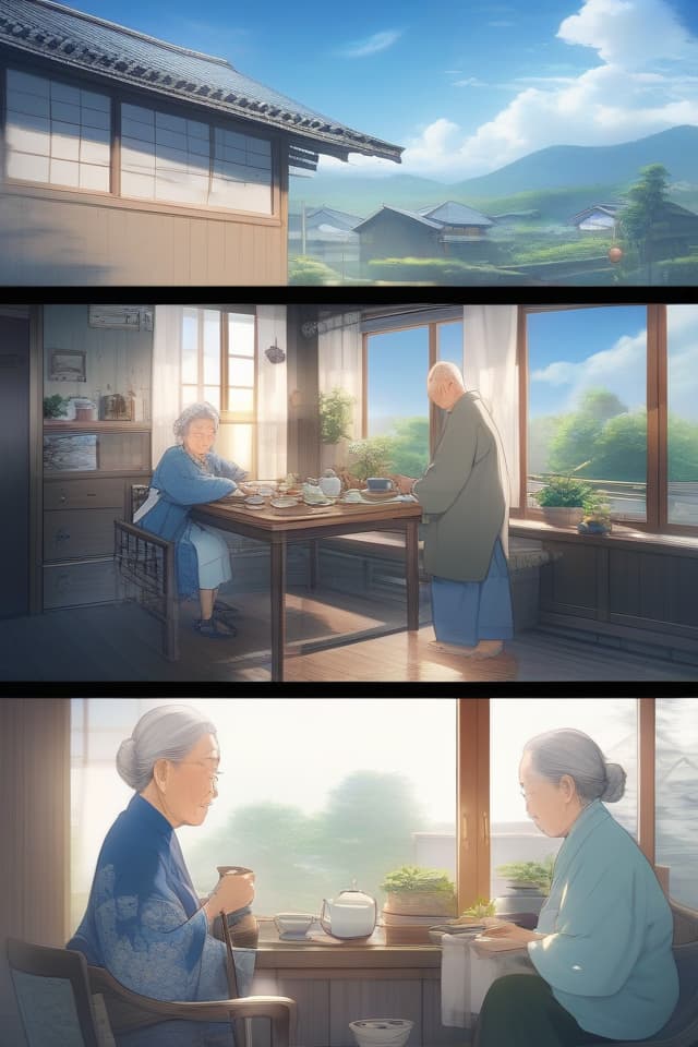  In the house, from the window, the blue sky, Chabudai, grandpa, grandmother, tea