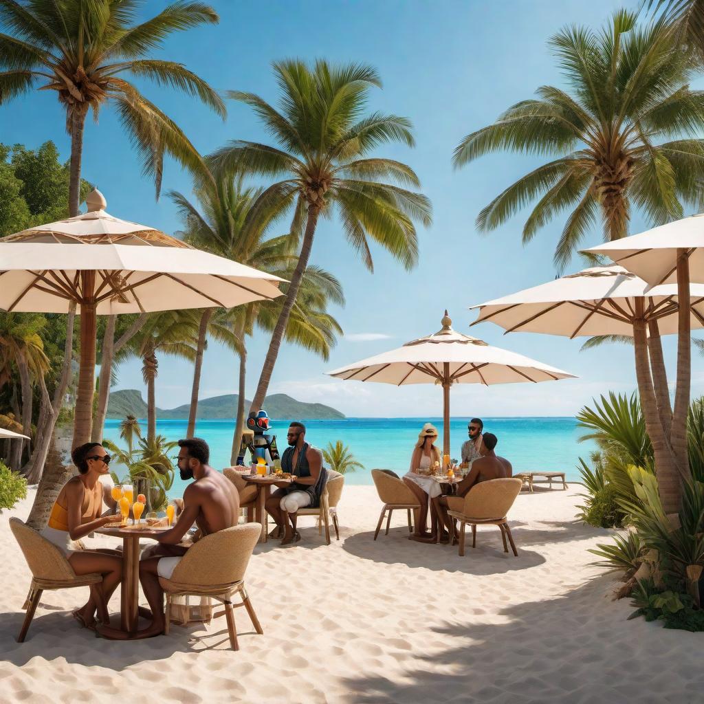  A tropical island with palm trees and robots laying on sun beds being served cocktails by humans. The robots are relaxing and enjoying the sun, while the humans are dressed as waiters and are catering to the robots' needs. The scene should depict a sunny day with a clear blue sky and a calm sea. hyperrealistic, full body, detailed clothing, highly detailed, cinematic lighting, stunningly beautiful, intricate, sharp focus, f/1. 8, 85mm, (centered image composition), (professionally color graded), ((bright soft diffused light)), volumetric fog, trending on instagram, trending on tumblr, HDR 4K, 8K