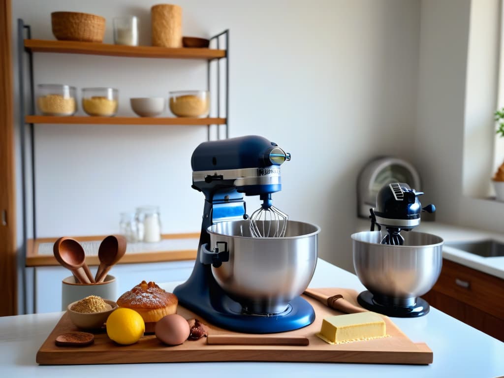  An 8k ultradetailed image showcasing a traditional bakery filled with vintage baking tools like wooden rolling pins and rustic mixing bowls. In the center, a modern twist is evident with a sleek stainless steel stand mixer, blending the old and new seamlessly. The background is softly lit, emphasizing the contrast between the classic and contemporary elements, symbolizing the fusion of tradition and innovation in baking. hyperrealistic, full body, detailed clothing, highly detailed, cinematic lighting, stunningly beautiful, intricate, sharp focus, f/1. 8, 85mm, (centered image composition), (professionally color graded), ((bright soft diffused light)), volumetric fog, trending on instagram, trending on tumblr, HDR 4K, 8K