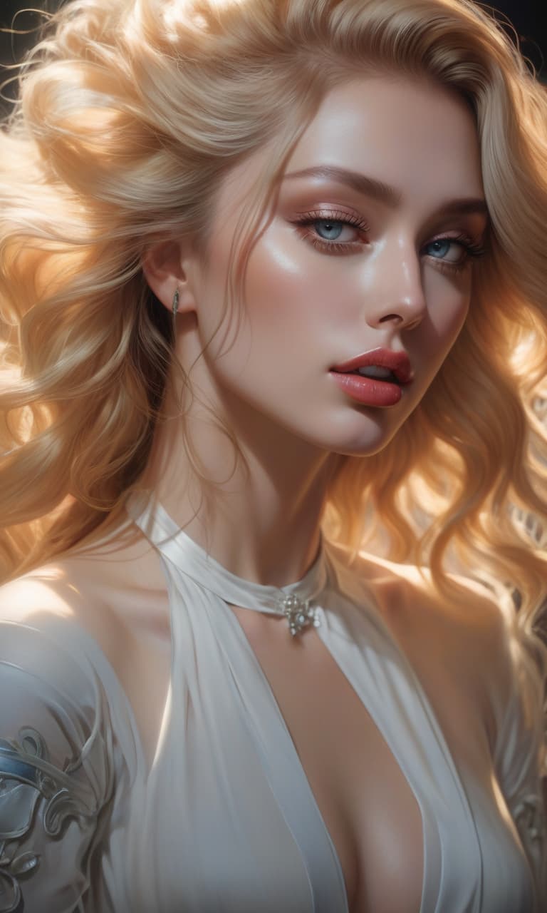  (photorealistic, oil painting:1.3), mesmerizing young guy, long flowing blond hair, (large sensual mouth:1.2), cute face ,plump lips, sparkling eyes, (voluptuous figure:1.2), collaborative style inspired by Enki Bilal and Mark Brooks, noctilucent glow, ethereal aura, detailed brushwork, intricate shadows and highlights, mysterious and captivating expression, unique color palette, masterful use of light and shadow, immersive atmosphere, raw emotion, intense gaze, dynamic composition. hyperrealistic, full body, detailed clothing, highly detailed, cinematic lighting, stunningly beautiful, intricate, sharp focus, f/1. 8, 85mm, (centered image composition), (professionally color graded), ((bright soft diffused light)), volumetric fog, trending on instagram, trending on tumblr, HDR 4K, 8K