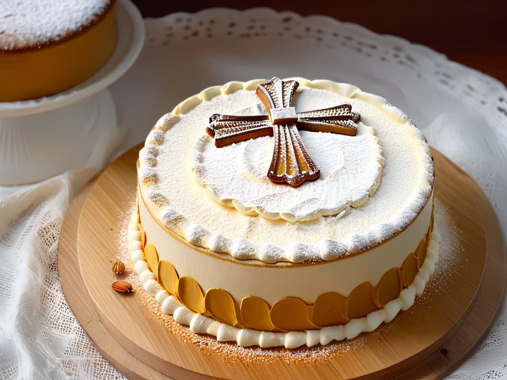  A highresolution, minimalist image of a traditional Tarta de Santiago placed on a rustic wooden table, showcasing the golden almond topping and the cross of Saint James powdered sugar design on top. The dessert is perfectly sliced, revealing the moist interior of the cake, with a few crumbs scattered around. The background is softly blurred, emphasizing the simplicity and elegance of this iconic Spanish dessert. hyperrealistic, full body, detailed clothing, highly detailed, cinematic lighting, stunningly beautiful, intricate, sharp focus, f/1. 8, 85mm, (centered image composition), (professionally color graded), ((bright soft diffused light)), volumetric fog, trending on instagram, trending on tumblr, HDR 4K, 8K