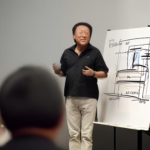 redshift style Robert Kiyosaki at a workshop, he is teaching with flip chart