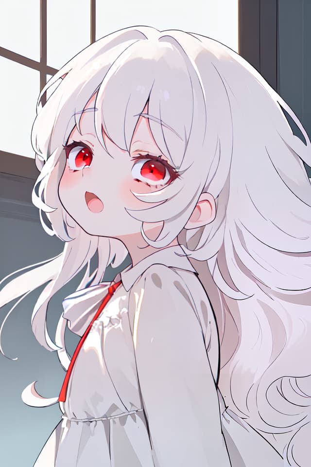  ultra detailed:1.2masterpiece:1.2,best quality,masterpiece,bestquality,hdr:1.1,8k:1.1,very cute girl:1.3,white hair:1.3,long hair,volume hair:0.5,curly hair:1.4,red eyes,bad mood:1.1,sleepy eyes:1.1,dot open mouth:1.3,upper body:1.3,dutch angle,half closed eyes:1.6,upper body:1.1,from side