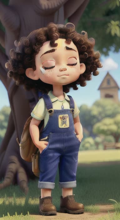  {Riley standing under the tree with eyes closed, making the wish., Riley, a curious with big brown eyes and curly hair, wearing overalls and carrying a small backpack. Their friend, Skye, a bluebird with shiny feathers.