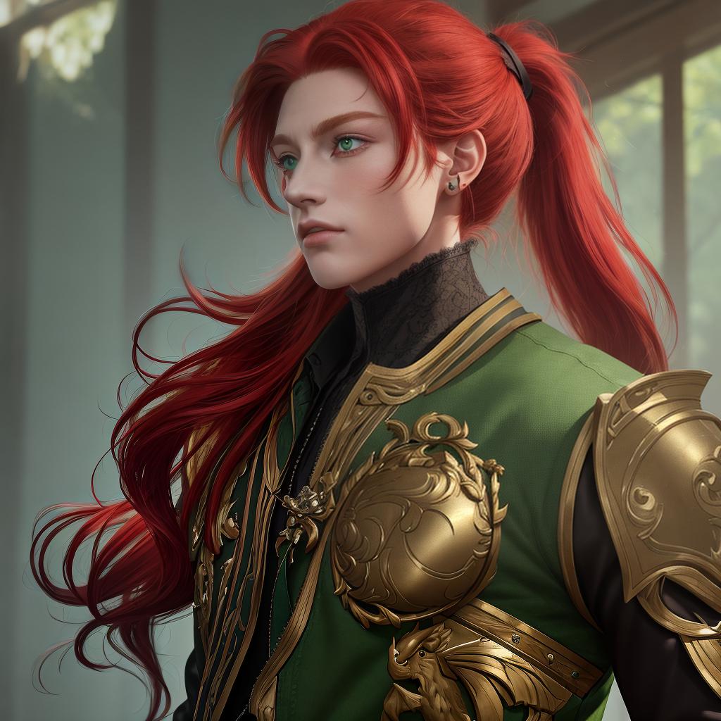  masterpiece, best quality, Best Quality, Masterpiece, 8k resolution,high resolution concept art of a feline male with green eyes and long crimson hair in a ponytail