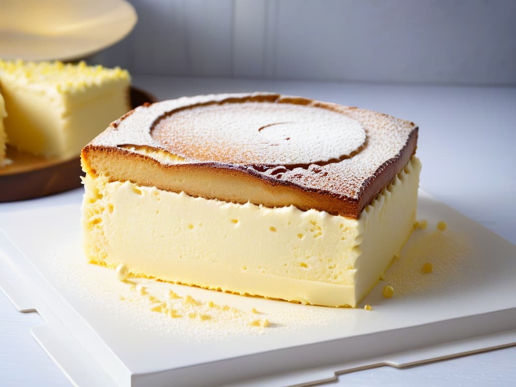  An ultradetailed image of a crosssection of a fluffy, perfectly baked sponge cake, showcasing the precise distribution of air bubbles within the light and airy crumb. The cake sits on a sleek, white plate, with a subtle dusting of powdered sugar on top adding a touch of elegance. The lighting is soft yet highlights the intricate texture of the cake, emphasizing the chemistry behind the leavening agents that created this delectable dessert. hyperrealistic, full body, detailed clothing, highly detailed, cinematic lighting, stunningly beautiful, intricate, sharp focus, f/1. 8, 85mm, (centered image composition), (professionally color graded), ((bright soft diffused light)), volumetric fog, trending on instagram, trending on tumblr, HDR 4K, 8K