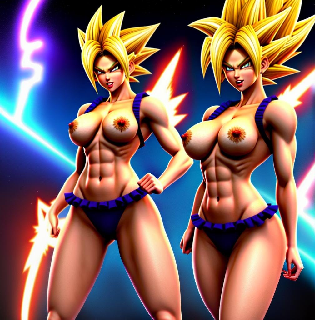  ((foto de cuerpo completo, pie plano, cuerpo recto)), ((laura {Super Super Saiyan mujer con grandes pechos})), ((lleva puesto son goku+Los disfraces de ella son extremadamente ajustados a su cuerpo.))