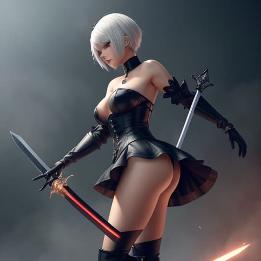  2b niear automata game manga panties action sword sexy jump art hyperrealistic, full body, detailed clothing, highly detailed, cinematic lighting, stunningly beautiful, intricate, sharp focus, f/1. 8, 85mm, (centered image composition), (professionally color graded), ((bright soft diffused light)), volumetric fog, trending on instagram, trending on tumblr, HDR 4K, 8K
