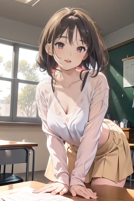  Masterpiece, 1girl, parted lips, blush, makeup, light smile, uniform, classroom, light rays, glow,, collarbone, narrow waist, (masterpiece), wallpaper, sheer shirt, uncensored,bent over table showing round