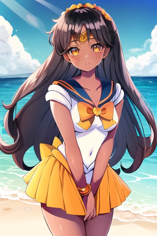  cute,age women,black skin,freckles, curly hair,heart shaped sungles,flowers in her hair,on a beach wearing a modest dress,not showing her body,(sailor venus:1.3), (masterpiece), (highest quality), (intricate), (high detail)