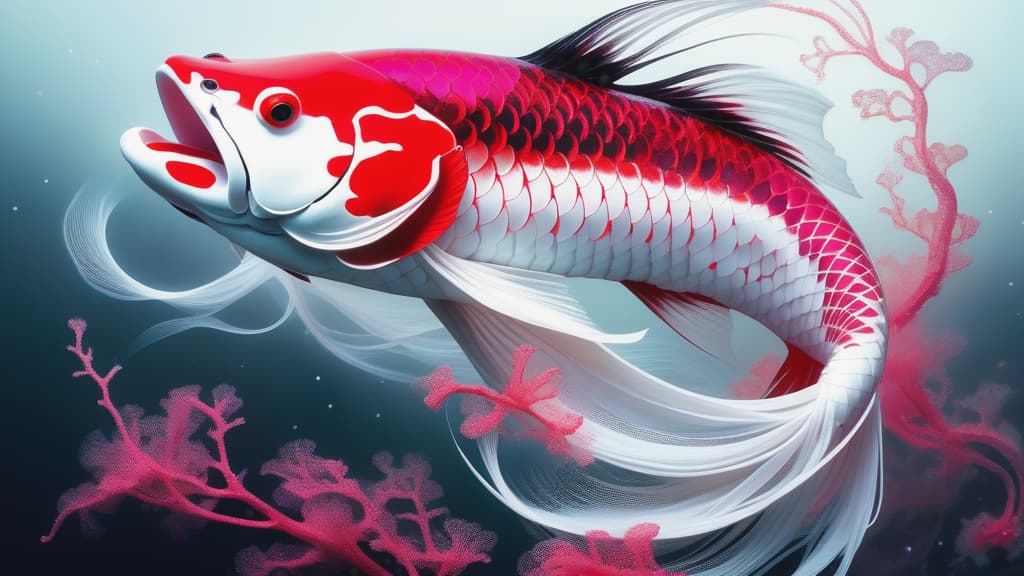  photo RAW, (Black, dark red and neon pink : Portrait of 2 ghostly long tailed white koi, woman, shiny aura, highly detailed, red filigree, intricate motifs, organic tracery, Januz Miralles, Hikari Shimoda, glowing stardust by W. Zelmer, perfect composition, smooth, sharp focus, sparkling particles, lively coral reef background Realistic, realism, hd, 35mm photograph, 8k), masterpiece, award winning photography, natural light, perfect composition, high detail, hyper realistic hyperrealistic, full body, detailed clothing, highly detailed, cinematic lighting, stunningly beautiful, intricate, sharp focus, f/1. 8, 85mm, (centered image composition), (professionally color graded), ((bright soft diffused light)), volumetric fog, trending on instagram, trending on tumblr, HDR 4K, 8K