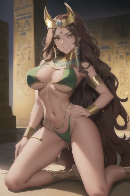  (adult:1.4), (adult:1.4), ((Long dark wavy hair)) ((tanned skin)) ((sharp gaze)) ((beautiful dark amber eyes)) ((athletic figure)) ((ample breasts)) ((toned body)) strong and glutes, wearing crop top ((leaving her toned abdomen exposed)) ((seductively smiling at the viewer as she drools teasingly and suggestively)) ((coquettish)) ((hourglass figure)) natural lips ((wearing skimpy ancient egyptian pharaoh clothing)) ((resting one hand on her hip as she accentuates her perfect and curves)) ((perfect body)) (((high resolution))) (((8k))) (((masterpiece))) (((best quality))) (((ultra-detailed))) ((flame-like beautiful wavy hair)), ((symmetrical face)) ((seductive smirk)) ((hunter eyes)) (((ancient egyptian queen)) , 