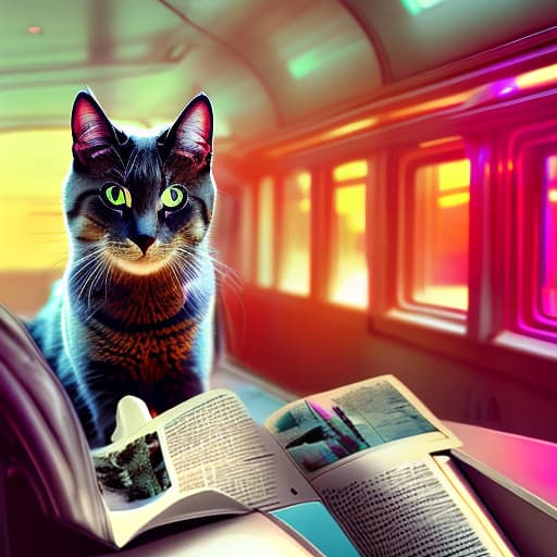 nvinkpunk Realistic image of a cat wearing headphones and reading glasses while riding a bus. hyperrealistic, full body, detailed clothing, highly detailed, cinematic lighting, stunningly beautiful, intricate, sharp focus, f/1. 8, 85mm, (centered image composition), (professionally color graded), ((bright soft diffused light)), volumetric fog, trending on instagram, trending on tumblr, HDR 4K, 8K