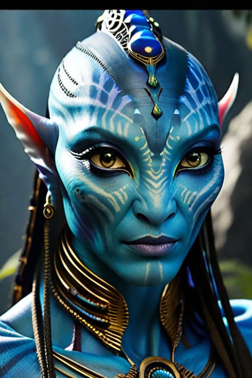  Create a high resolution, dynamic wallpaper featuring the blue skinned aliens from the movie "Avatar". The scene should be vibrant and immersive, showcasing the lush, bioluminescent environment of Pandora. The aliens should appear majestic and integrated into their natural surroundings, with detailed features such as large, expressive eyes, intricate patterns on their skin, and elongated limbs. The overall atmosphere should be otherworldly and awe inspiring, capturing the essence of the "Avatar" universe. hyperrealistic, full body, detailed clothing, highly detailed, cinematic lighting, stunningly beautiful, intricate, sharp focus, f/1. 8, 85mm, (centered image composition), (professionally color graded), ((bright soft diffused light)), volumetric fog, trending on instagram, trending on tumblr, HDR 4K, 8K