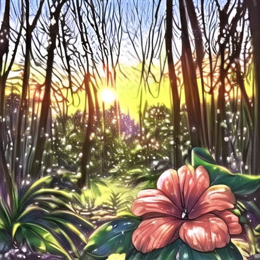  a clearing in the forest. beautiful tropical flowers grow in the clearing. winter. sunset. the spring. A troll.