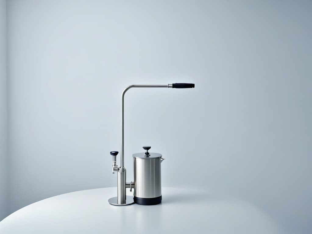  An ultradetailed image of a sleek, modern kitchen siphon with a polished stainless steel body, intricate nozzle design, and a pressurized canister attached, set against a clean, white background. The siphon is elegantly displayed with soft lighting to highlight its premium craftsmanship and sophisticated design, emphasizing its use in creating highend desserts. hyperrealistic, full body, detailed clothing, highly detailed, cinematic lighting, stunningly beautiful, intricate, sharp focus, f/1. 8, 85mm, (centered image composition), (professionally color graded), ((bright soft diffused light)), volumetric fog, trending on instagram, trending on tumblr, HDR 4K, 8K