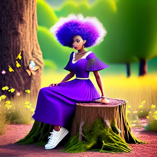  African American Brown skinned,  brown  eye, blue Afro hair,  cartoon fairy girl with green leaf dress, purple wings and purple slip on shoes, silver sparkle bow in hair sitting in a field os flowers on a tree stump stool surrounded by butterflies, rainbow in basckground