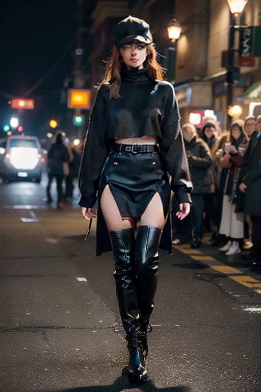  Have the fashion model wear a garment made of 3cm thick black velvet knit. The image is of her walking through a fashion show, so no background is needed. Photograph her whole body from the front. She can be in the middle of walking. Her head should be covered with the same knit as a helmet so that no skin is visible. The shoes should also be hyperrealistic, full body, detailed clothing, highly detailed, cinematic lighting, stunningly beautiful, intricate, sharp focus, f/1. 8, 85mm, (centered image composition), (professionally color graded), ((bright soft diffused light)), volumetric fog, trending on instagram, trending on tumblr, HDR 4K, 8K