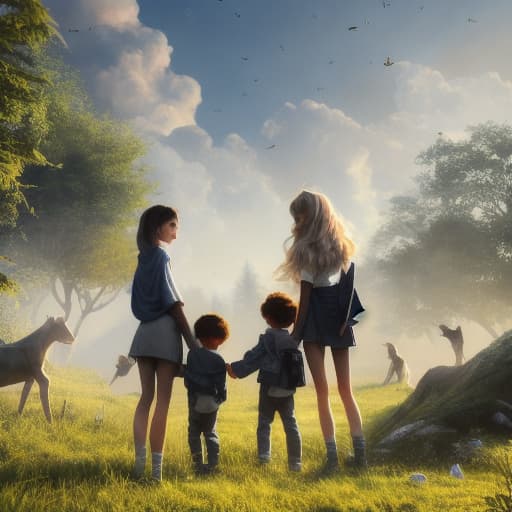  A group of lovely children hyperrealistic, full body, detailed clothing, highly detailed, cinematic lighting, stunningly beautiful, intricate, sharp focus, f/1. 8, 85mm, (centered image composition), (professionally color graded), ((bright soft diffused light)), volumetric fog, trending on instagram, trending on tumblr, HDR 4K, 8K