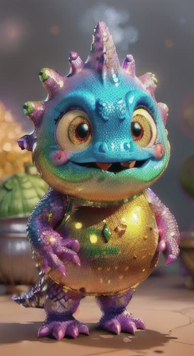  {A sparkly dinosaur with glittery scales standing next to a big pot of steaming jollof rice., Shiny Dino has glittery, multicolored scales that sparkle in the sunlight. It has big, friendly eyes and a happy, wide smile, with small arms perfect for stirring pots. Shiny Dino wears a playful, polka dotted apron and a tiny chef's hat.