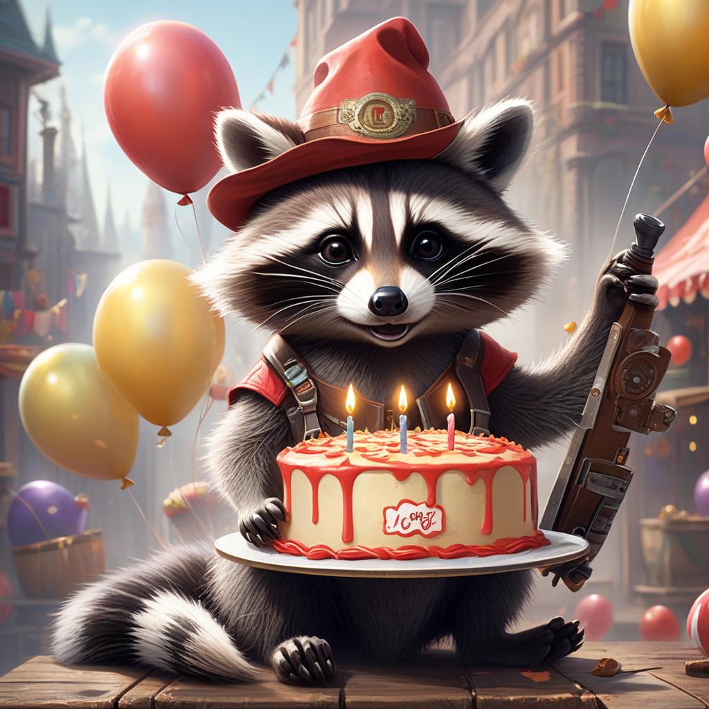  concept art A raccoon in a festive hat "Happy Birthday", on one front paw the raccoon holds a birthday cake, in the second paw the raccoon has car parts. The raccoon stands on the wakeboard with its hind legs, dissects the waves, festive balloons are attached to the belt, a raccoon in a festive costume, a sign with the inscription "KUZOVIK" on the background . digital artwork, illustrative, painterly, matte painting, highly detailed hyperrealistic, full body, detailed clothing, highly detailed, cinematic lighting, stunningly beautiful, intricate, sharp focus, f/1. 8, 85mm, (centered image composition), (professionally color graded), ((bright soft diffused light)), volumetric fog, trending on instagram, trending on tumblr, HDR 4K, 8K