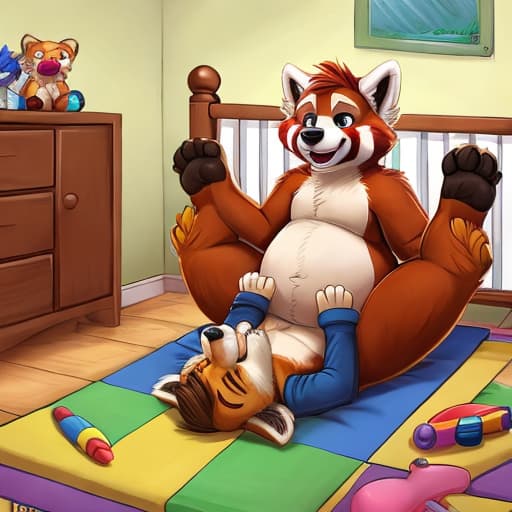  Red panda, incest, cub, young, chubby, , boy, dad, father and son, position, laying on back, visible ia, daycare, toys on ground, plushies, crib, crayons on floor, messy room, detailed background, , , feet up, size difference, cub domination, (small Dom), on top, on , (age difference), eyes closed, happy , by pandapaco, by iztli 
