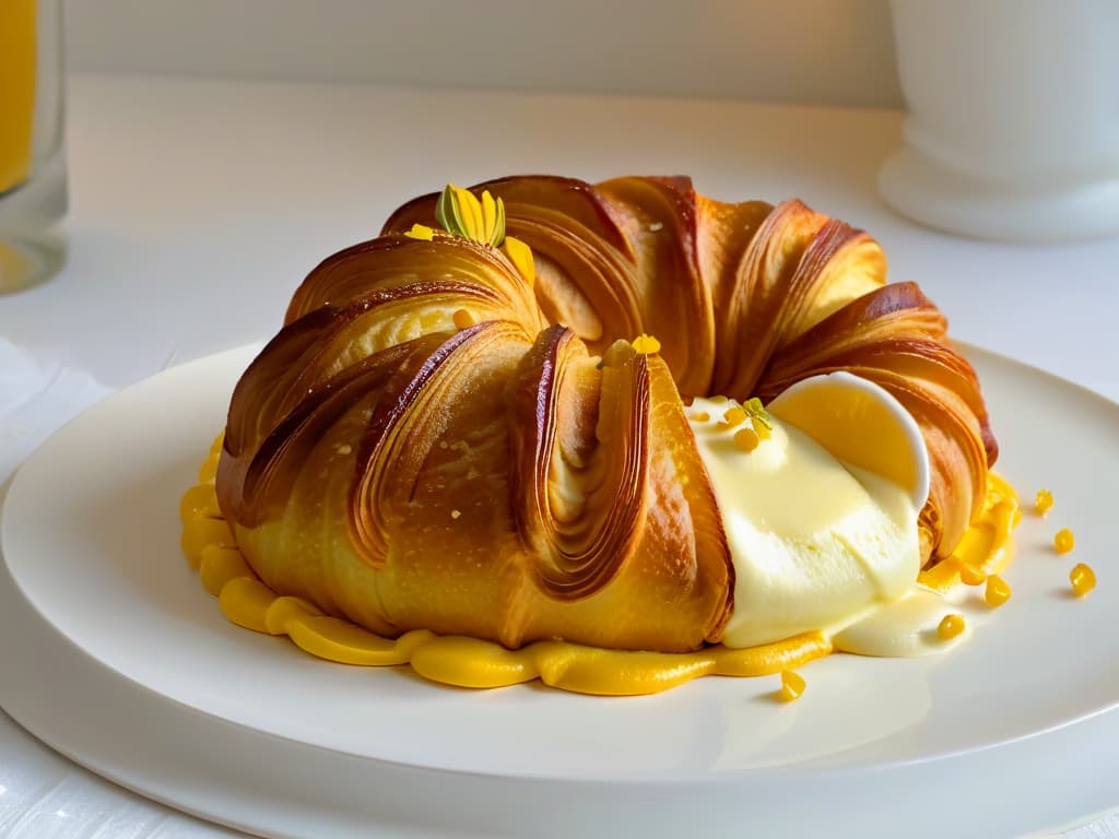  A closeup, ultradetailed image of a delicate saffron croissant, freshly baked, with golden flaky layers and a subtle hint of saffron pistils sprinkled on top. The croissant is placed on a sleek, modern white plate, with soft natural lighting highlighting the intricate layers and golden hue of the pastry. Each saffron pistil is visible, glistening under the light, enhancing the luxurious and elegant feel of the dessert. hyperrealistic, full body, detailed clothing, highly detailed, cinematic lighting, stunningly beautiful, intricate, sharp focus, f/1. 8, 85mm, (centered image composition), (professionally color graded), ((bright soft diffused light)), volumetric fog, trending on instagram, trending on tumblr, HDR 4K, 8K