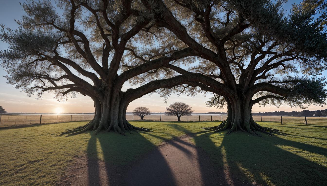  cinematic, aesthetic, Tree with deep roots and sprawling branches, detailed bark and leaves, roots intertwined with heart shapes, branches crisscrossing to form a protective canopy, growth, nurturing, core values, 4k, HDR, lens flare