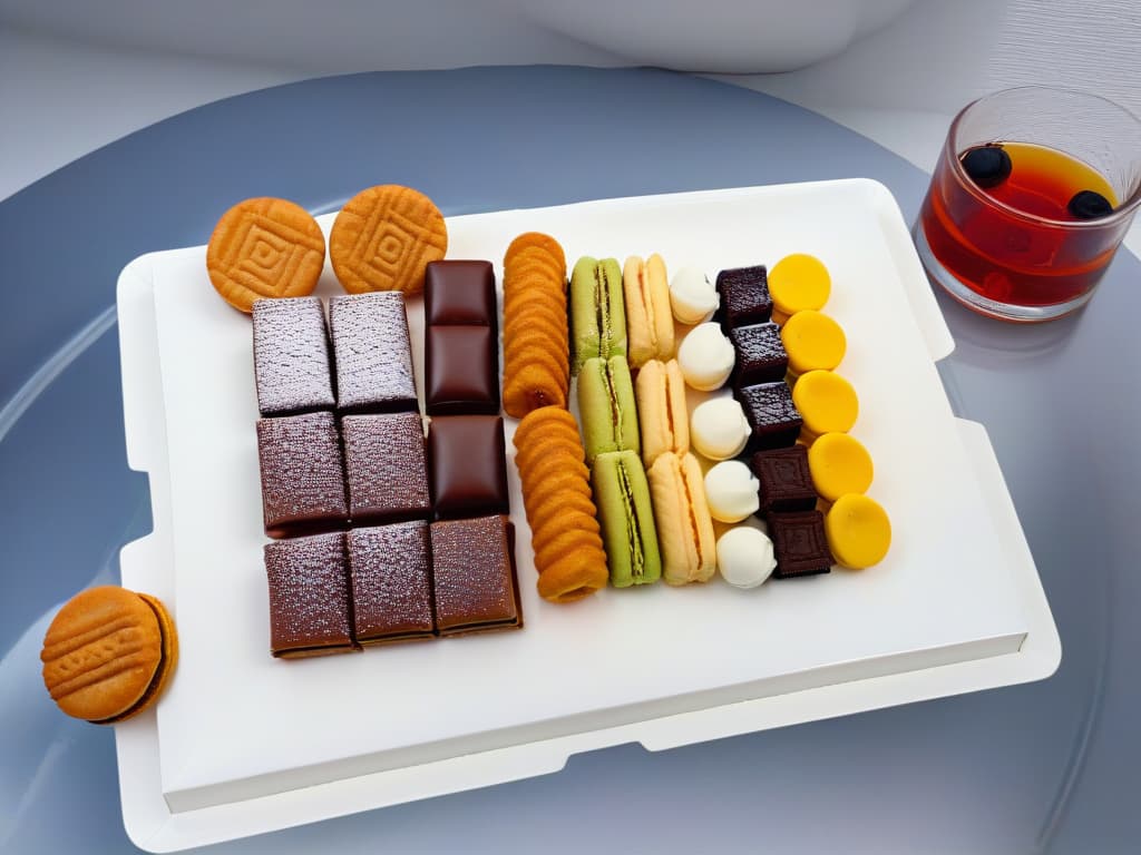  A highresolution, minimalist image featuring a variety of colorful traditional sweets beautifully arranged on a modern, sleek white platter. The sweets include churros, flan, alfajores, and colorful macarons, creating an eyecatching and appetizing display that perfectly captures the essence of traditional desserts at contemporary dessert festivals. The image is shot from a topdown perspective, showcasing the intricate details and vibrant colors of each dessert, making it visually appealing and intriguing for the readers. hyperrealistic, full body, detailed clothing, highly detailed, cinematic lighting, stunningly beautiful, intricate, sharp focus, f/1. 8, 85mm, (centered image composition), (professionally color graded), ((bright soft diffused light)), volumetric fog, trending on instagram, trending on tumblr, HDR 4K, 8K