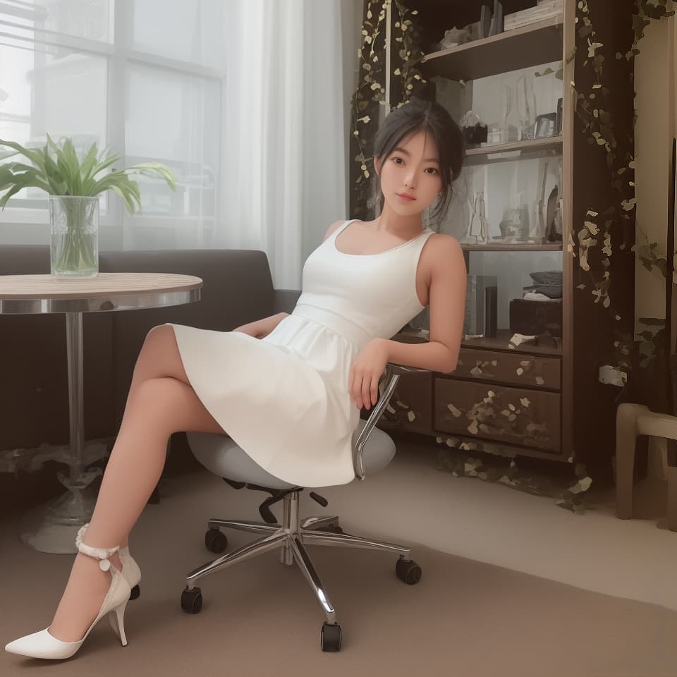  masterpiece, best quality, Keep the same person and general pose. Make her feet smaller, her legs have more muscle definition, she is sitting at a 45 degree angle to the camera