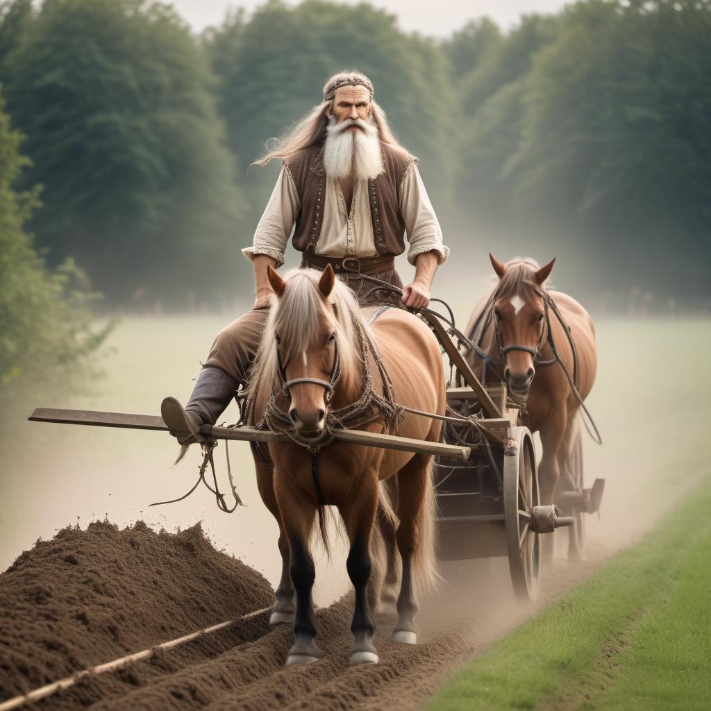  fairy tale Slavic hero athletically built man 60 year with a long beard and hair headband in a canvas shirt holding a plow plowing the ground with a wooden plough horse in harness, large field, general plan, photographic quality, 8K, . magical, fantastical, enchanting, storybook style, highly detailed