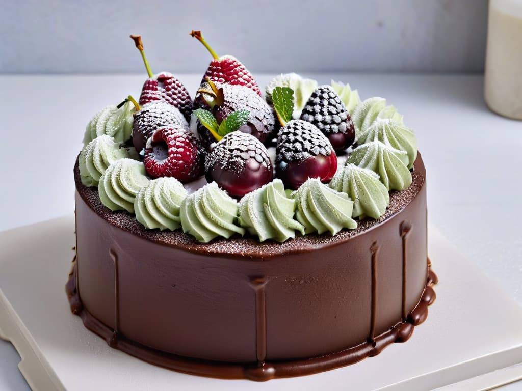  A closeup, ultradetailed image of a luscious vegan chocolate cake, perfectly frosted with swirls of creamy coconut milk ganache, adorned with fresh raspberries and mint leaves on top. The cake sits on a sleek, white marble cake stand, with soft natural light casting subtle shadows, highlighting the glossy texture of the ganache and the vibrant colors of the berries. hyperrealistic, full body, detailed clothing, highly detailed, cinematic lighting, stunningly beautiful, intricate, sharp focus, f/1. 8, 85mm, (centered image composition), (professionally color graded), ((bright soft diffused light)), volumetric fog, trending on instagram, trending on tumblr, HDR 4K, 8K