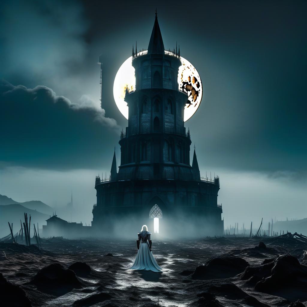  dystopian style Scene, close up, top view, there is a black Gothic tower with a balcony on the right bottom corner. On that balcony stands a girl in a white dress, with white hair and bare feet. From the upper left corner, along the dark burnt black field towards the tower, a knight in black armor gallops. It all happens at night under a full moon. In the frame, there should be a knight in black armor. . bleak, post apocalyptic, somber, dramatic, highly detailed hyperrealistic, full body, detailed clothing, highly detailed, cinematic lighting, stunningly beautiful, intricate, sharp focus, f/1. 8, 85mm, (centered image composition), (professionally color graded), ((bright soft diffused light)), volumetric fog, trending on instagram, trending on tumblr, HDR 4K, 8K