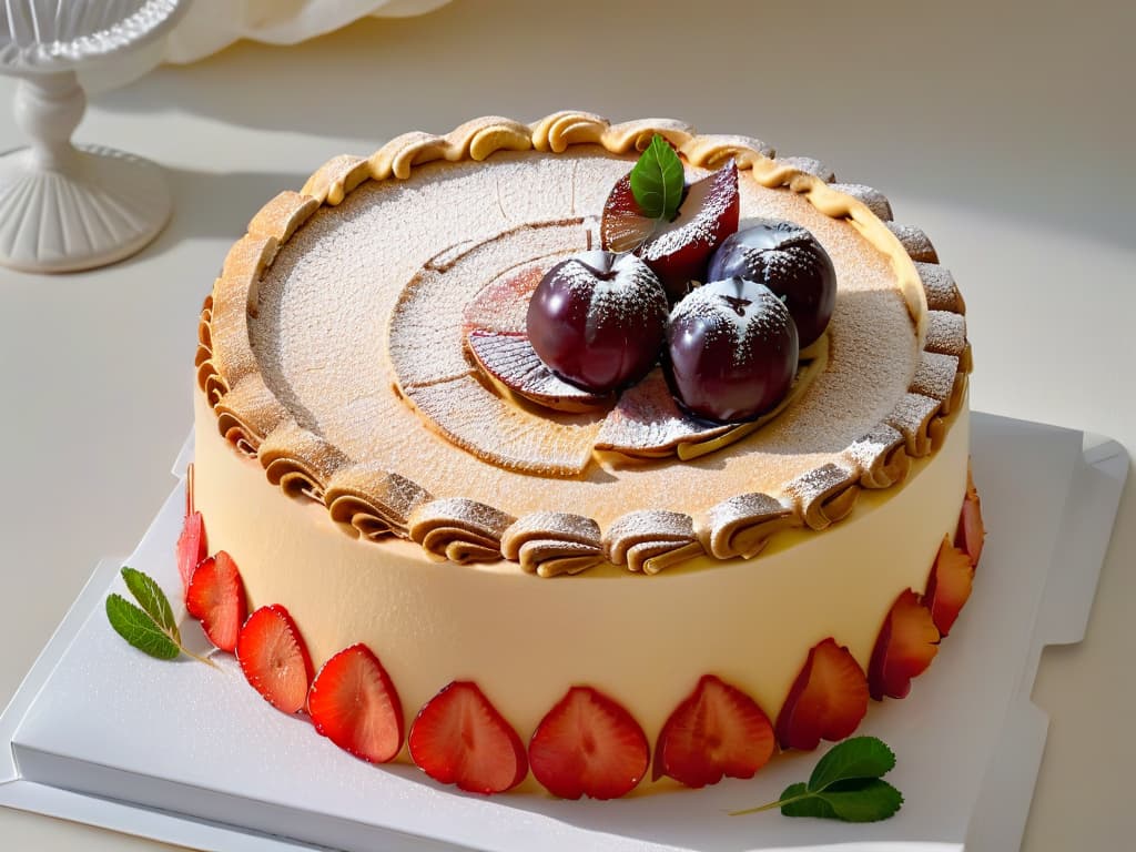  An ultradetailed closeup image of a freshly baked traditional guava cake, showcasing the goldenbrown crust with caramelized edges, topped with delicately sliced guava fruits arranged in a visually appealing pattern. The cake sits on a sleek, white ceramic plate, set against a softfocus background that enhances the cake's textures and colors, inviting the viewer to savor the rich aroma and taste of this delectable dessert. hyperrealistic, full body, detailed clothing, highly detailed, cinematic lighting, stunningly beautiful, intricate, sharp focus, f/1. 8, 85mm, (centered image composition), (professionally color graded), ((bright soft diffused light)), volumetric fog, trending on instagram, trending on tumblr, HDR 4K, 8K