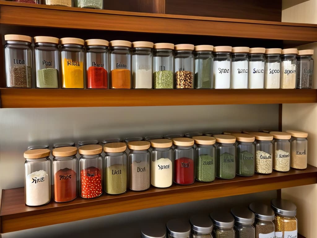  A sleek, minimalistic image featuring a row of clear glass spice jars neatly organized on a wooden shelf, each jar labeled with a different spice or seasoning in elegant typography. The background is softly blurred to keep the focus on the orderly arrangement of the jars, highlighting their simplicity and functionality for storing various baking ingredients. hyperrealistic, full body, detailed clothing, highly detailed, cinematic lighting, stunningly beautiful, intricate, sharp focus, f/1. 8, 85mm, (centered image composition), (professionally color graded), ((bright soft diffused light)), volumetric fog, trending on instagram, trending on tumblr, HDR 4K, 8K