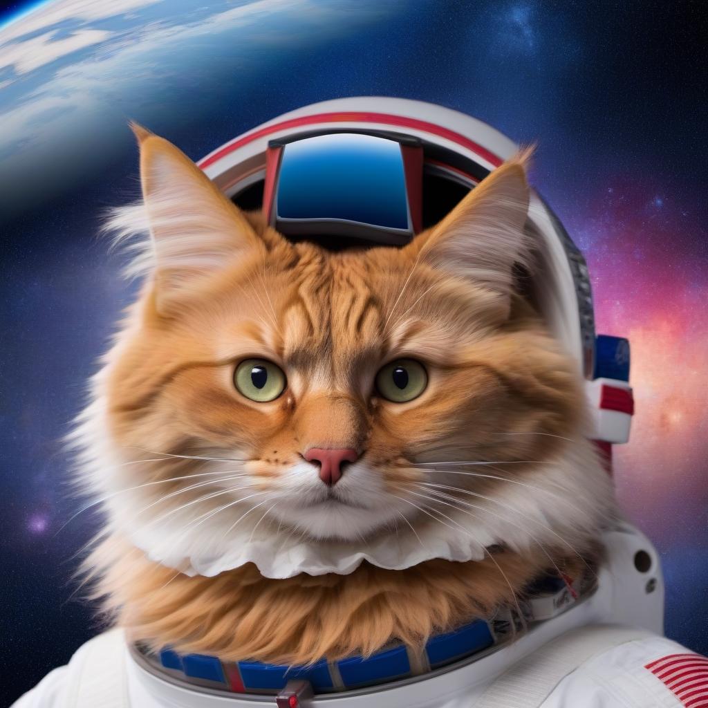  Fluffy red cat, with a long mustache, in a suit, in an astronaut’s helmet, flies in space